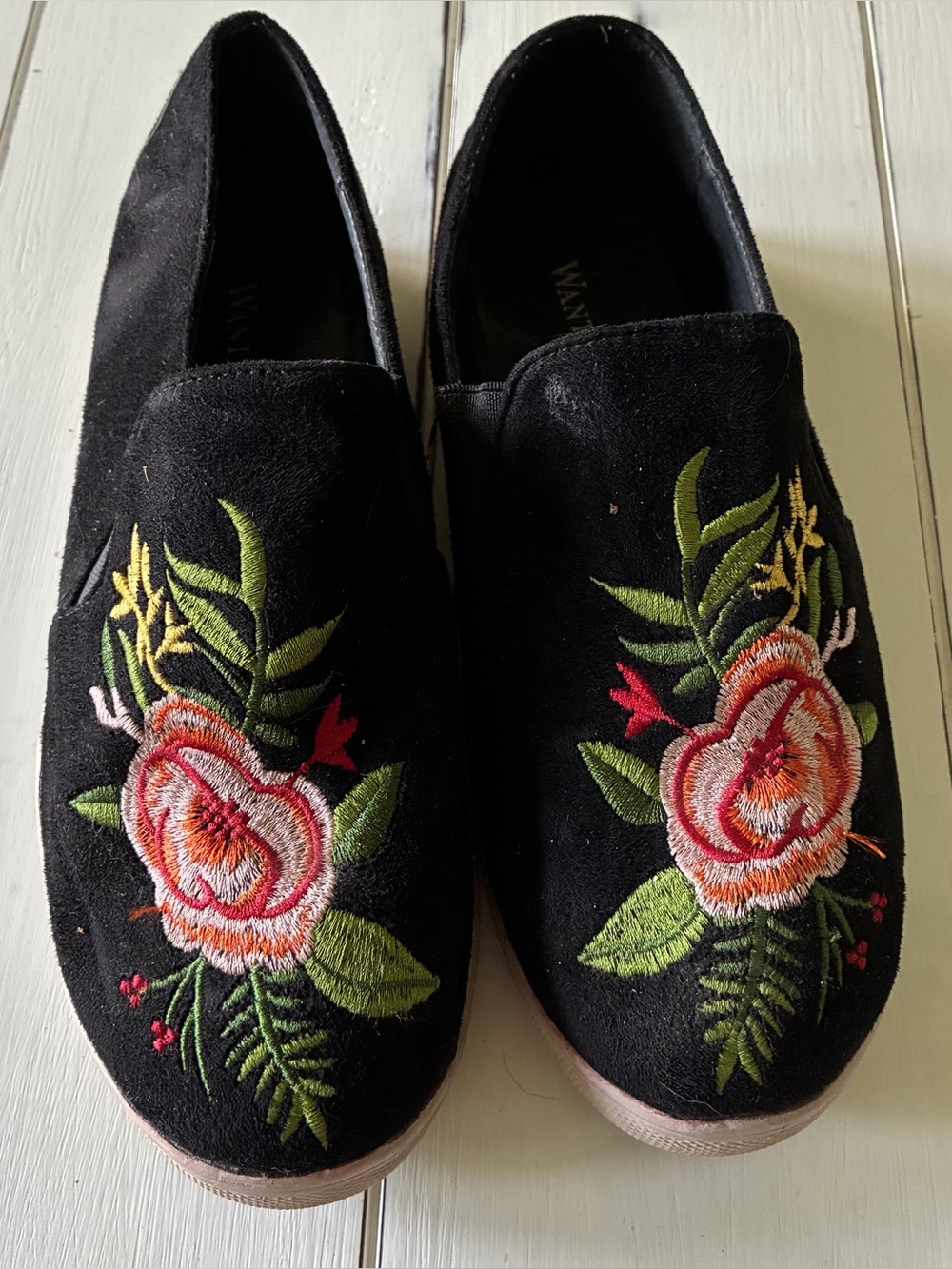 Wanted Black Slip-On Loafers with Pink & Orange Floral Embroidery